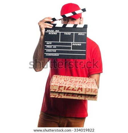 Pizza delivery man holding a clapperboard