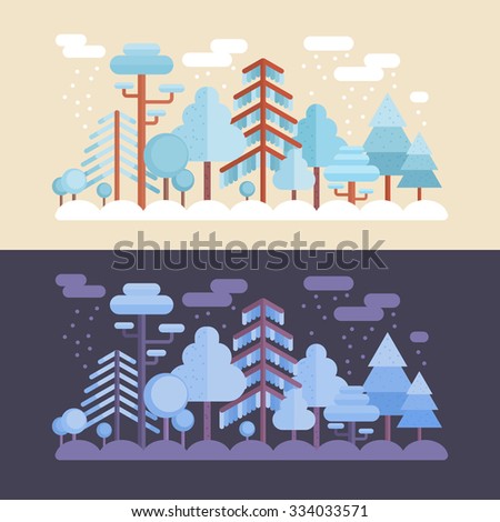 Flat forest scene with trees and wood scenery with day and night location template