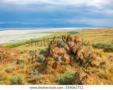 Aerial view of the dramatic landscape of the Great Salt Lake on Antelope Island State Park, also called land of Buffalo, Salt Lake, Utah, United States.