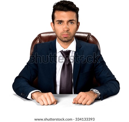 Serious Caucasian man with short dark brown hair in business formal outfit - Isolated