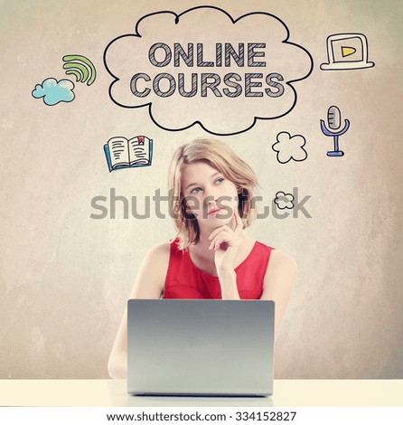 Online Courses concept with young woman working on a laptop 