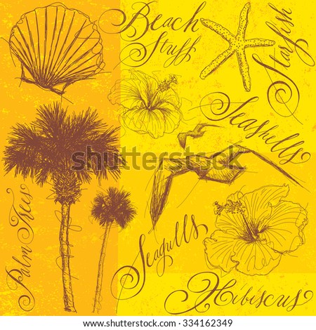 Beach objects with calligraphy
Sketchy, hand drawn palm trees, seagulls, hibiscus flowers, and seashells with calligraphy. 