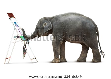 Cute elephant artist in action of painting the picture isolated on white background