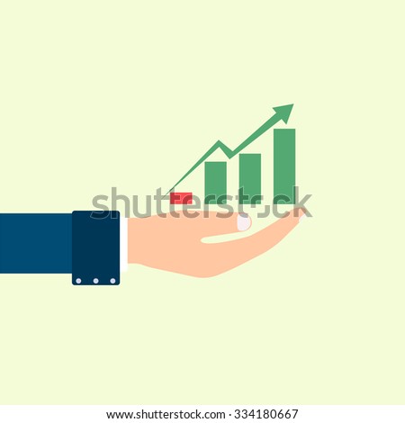 vector hands in a blue suit keeps improving performance or profit on a yellow background
