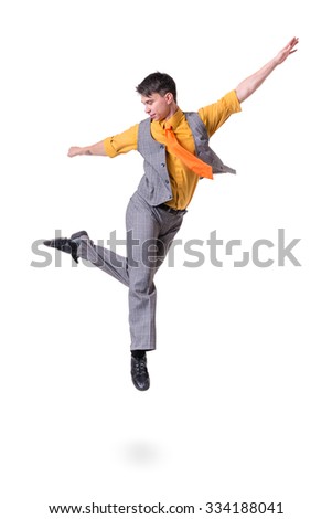 Disco dancer jumping against isolated white background