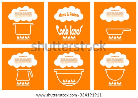 Set of cook template with pan, kettle, barbecue, pot. Illustration for menu, recipes, posters and banners