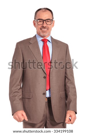 happy senior old businessman with glasses smiling to the camera on white background