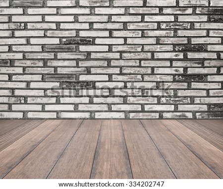 Room interior with white brick wall and wooden floor background