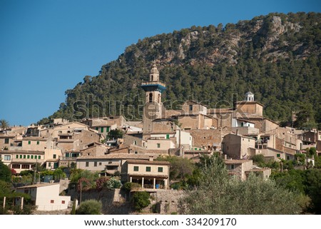 Beautiful view of the small town Valldemossa situated in  picturesque mountains on Mallorca island, Spain.