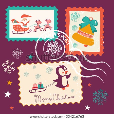 Colorful vintage Christmas stamps collection. Vector illustration