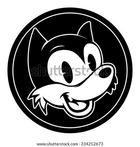 Vintage toon. Smiling and winking retro cartoon wolf character in black circle.