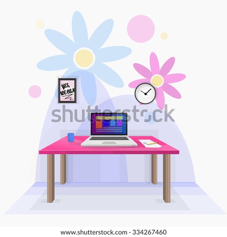Desktop women, background of flowers and pink table. vector