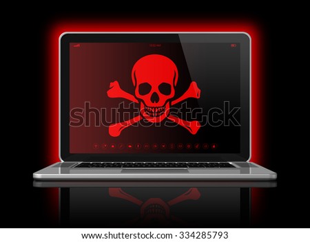 3D Laptop with a pirate flag on screen. Hacking concept