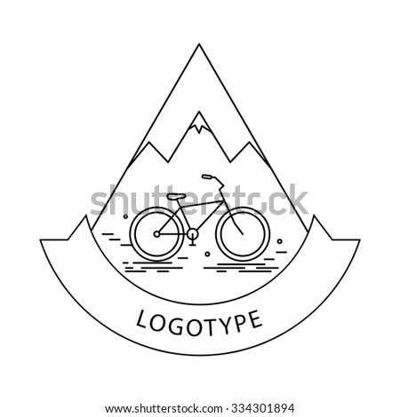 Illustration in linear style with bicycle and mountain. Logo,  poster or banner template.  Raster version