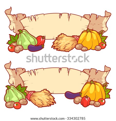Two empty vintage scrolls. Rich harvest of vegetables. Vector clip-art illustration on a white background.