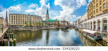 Beautiful view of Hamburg city center with town hall and Alster river, Germany Royalty-Free Stock Photo #334328225