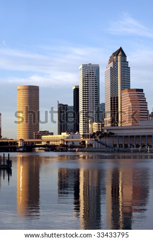Tampa Skyline, Water front view, modern skyscrapers in business downtown reflecting in the Hillsborough river
