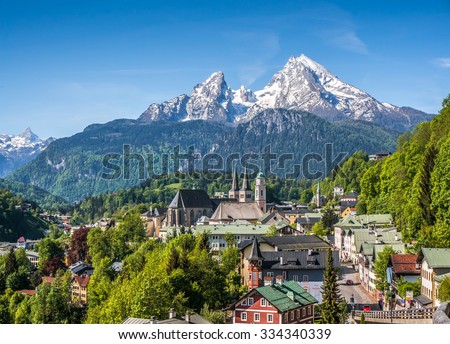 Historic town of Berchtesgaden with snowy Watzmann mountain in spring, Berchtesgadener Land, Upper Bavaria, Germany Royalty-Free Stock Photo #334340339