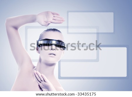 Beautiful cyber woman isolated on blue background