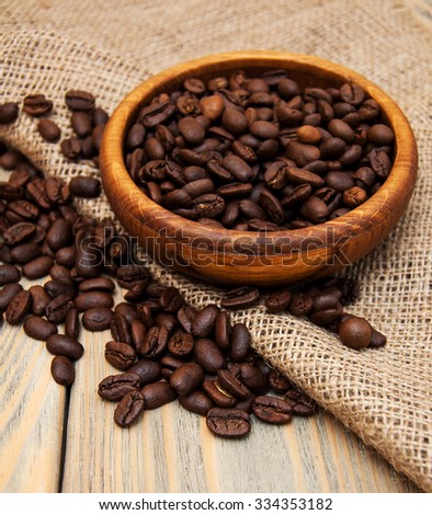 coffee beans and burlap fabric on a wooden background