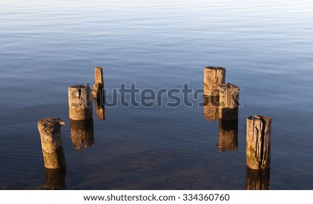 Decrepit pillars of old pier at the coastline.
