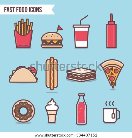 fast food flat design elements and icons set vector. Pizza, Hot Dog, Hamburger, Tacos, Ice cream, Cola and Donut