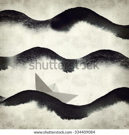 textured old paper background with watercolor waves and paper boat