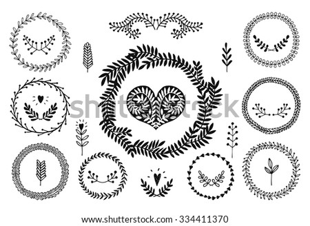 Set of vector hand drawn laurels, wreath, nature, floral doodle collection. Decoration elements for design invitation, wedding cards, valentines day, greeting cards