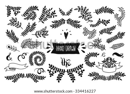 Set of vector handdrawn elements, floral doodle collection. Decoration branches for design invitation, wedding cards, valentines day