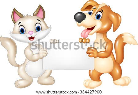 Cartoon funny cat and dog holding blank sign