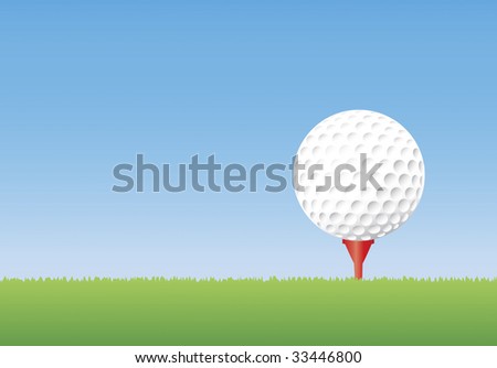 Vector illustration of a golf ball on a tee in short grass. Copyspace available.