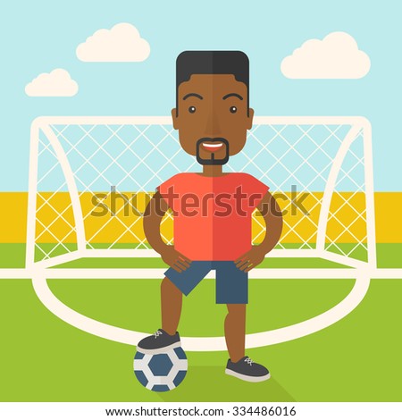 An african-american football player with ball standing on field of stadium vector flat design illustration. Square layout.