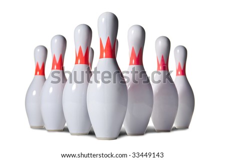 Ten bowling pins. Isolated on white.