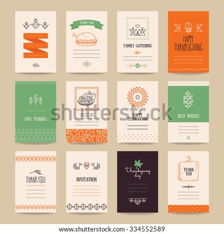 Thanksgiving poster, banner, invitation, greeting card, flyer, menu templates. Hand drawn traditional symbols, cute design elements, handwritten ink lettering, thin line icons, tribal geometric signs.