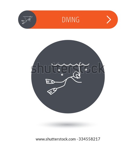 Diving icon. Swimming underwater with tube sign. Scuba diving symbol. Gray flat circle button. Orange button with arrow.