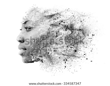 Photograph of attractive african american female model combined with pixelated illustration