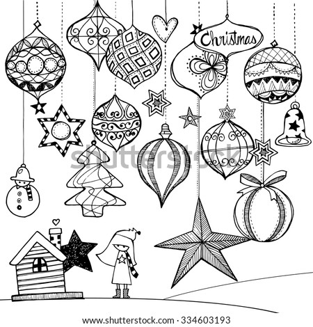 Hand drawn illustration of the decoration for Christmas holiday.
Beautiful light bulbs and balls with patterns. Winter house and a cute girl on the bottom.