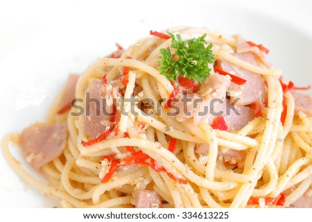 Dry chilli ham spaghetti, Selective Focus