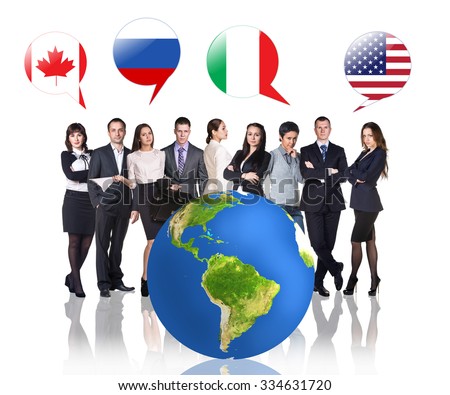 Business people near big earth and flag bubbles.Elements of this image furnished by NASA