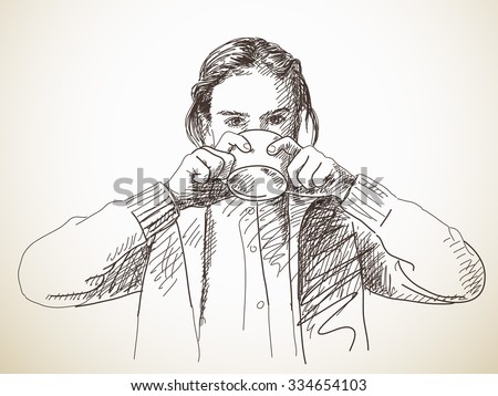 Sketch of teenage girl drinking tea from cup, Hand drawn illustration