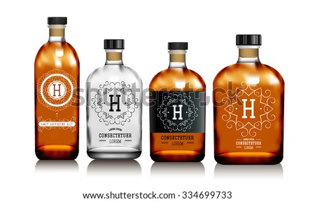 Realistic vector glass bottles for alcohol such as vodka, cognac, whiskey. Red and transparent packing for alcoholic beverages with sticker, label. Mock up.  Royalty-Free Stock Photo #334699733