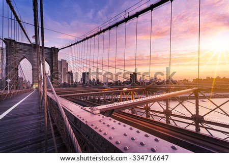 New York City, USA, early in the morning on the famous Brooklyn Bridge