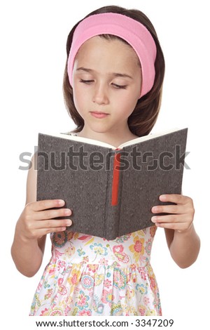 adorable girl reading a book a over white background