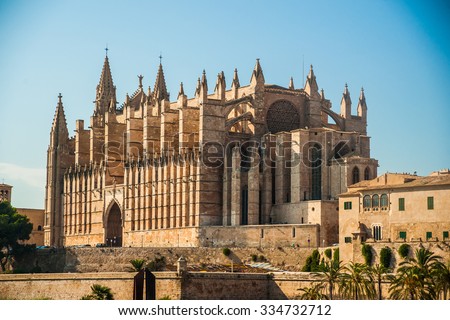 Cathedral of Palma de Mallorca, rear view from road. Big gothic church on the sea shore. Beautiful travel picture of Spain.