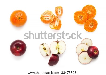 Set of fresh mandarins and apples isolated over white, top view Royalty-Free Stock Photo #334735061