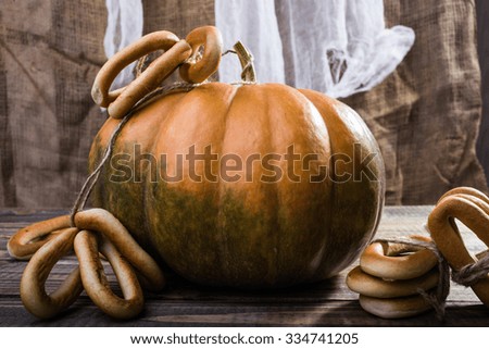 Photo closeup autumn still life one big whole fresh orange pumpkin with bunches of hard oval cracknels bind with string on wooden table on blurred rustic background, horizontal picture 
