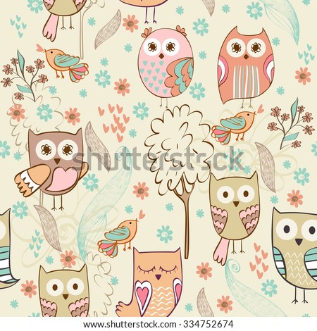 Cute floral seamless pattern with cartoon owls