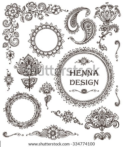 Vector Set of henna floral elements based on traditional Asian ornaments. Paisley Mehndi Tattoo Doodles collection 