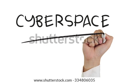Business concept image of a hand holding marker and write Cyberspace isolated on white