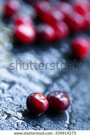 Wet cranberry  on a dark stone wet background, selective focus and shallow depth of field, macro shot